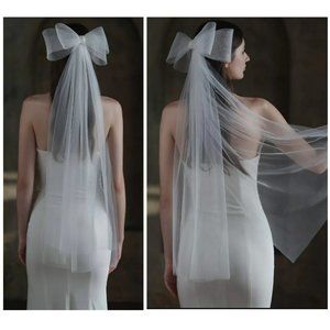 White Mesh Tulle Bow Wedding Veil With Attached Clip